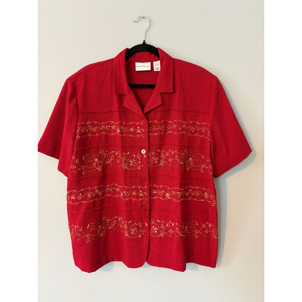 Alfred Dunner red embroidered beaded button up blouse